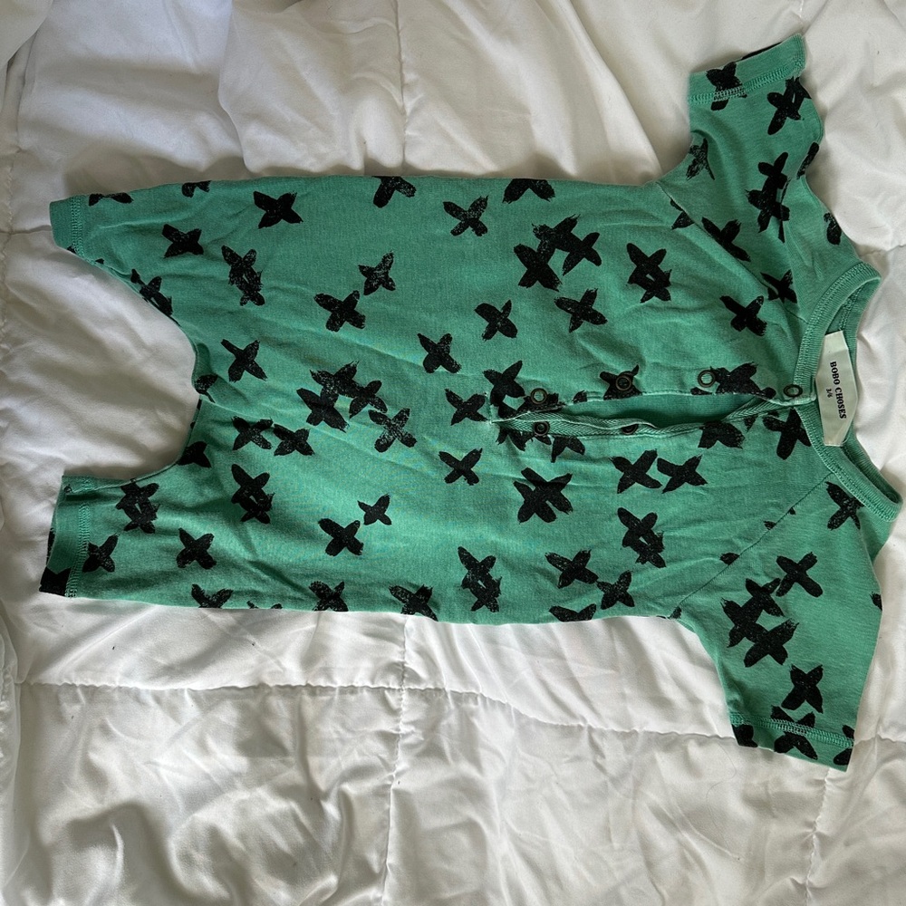 Bobo Choses Green Romper with Black X Pattern